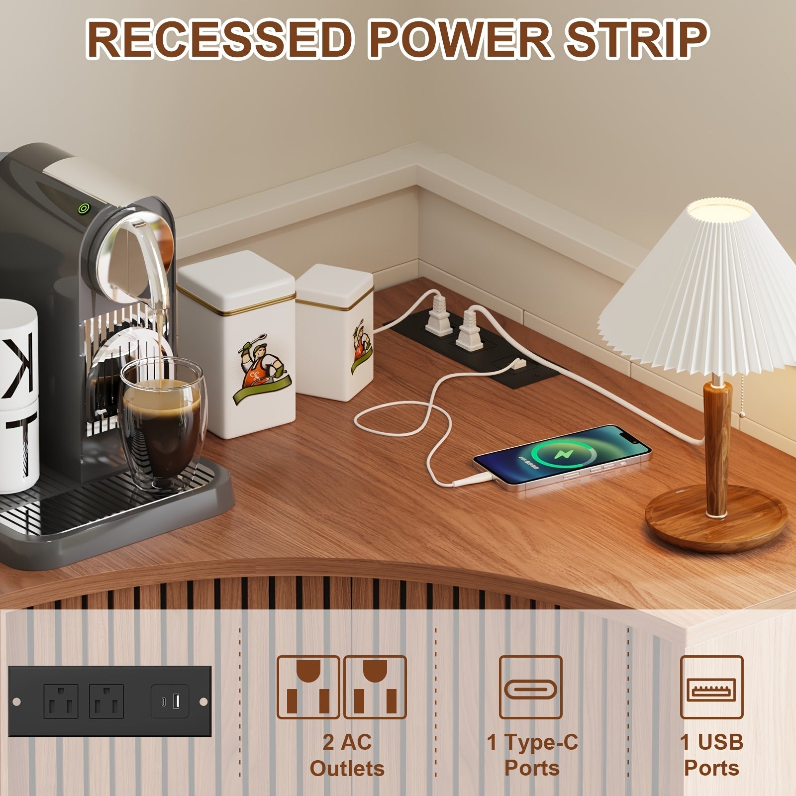 Fluted Corner Cabinet with Charging Station, Small Corner Floor Cabinet with Sliding Doors, Modern Wooden Freestanding Narrow Storage Organizer for Living Room, Small Space, Dining Room, Bathroom