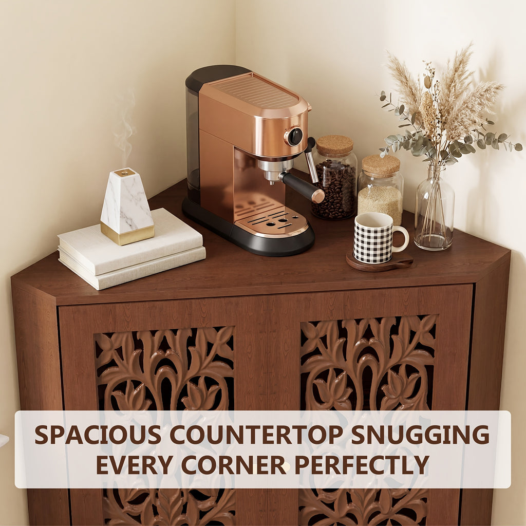 Retro Corner Cabinet with 2 Hollow Carved Doors And 2-Tier Shelves