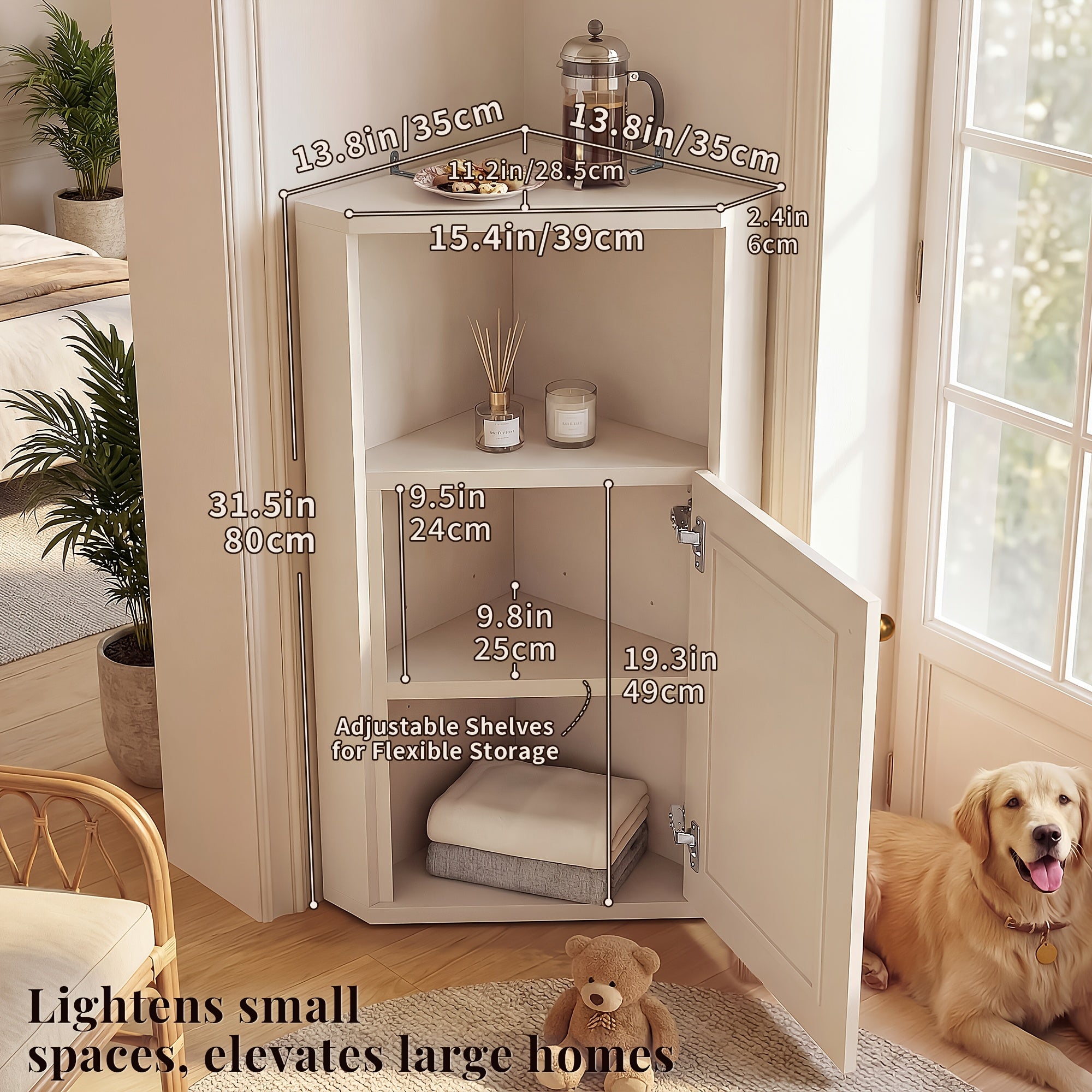 OMCHOM Tall Corner Storage Cabinet Freestanding Suitable for Bathroom, Living Room, Bedroom, Kitchen - Adjustable Shelves & Door, Space-Saving Corner Unit with Walnut Doors, Panel Cabinet, Assembly, -Standing Organizer