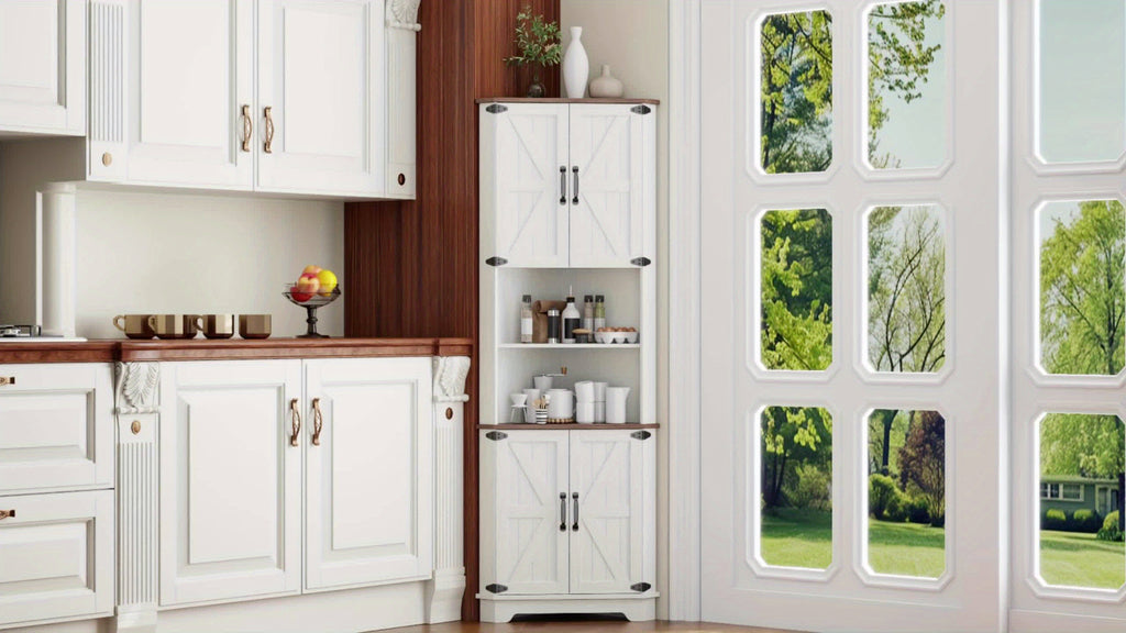 Farmhouse Corner Storage Cabinet with Barn Door Design, 68.9\