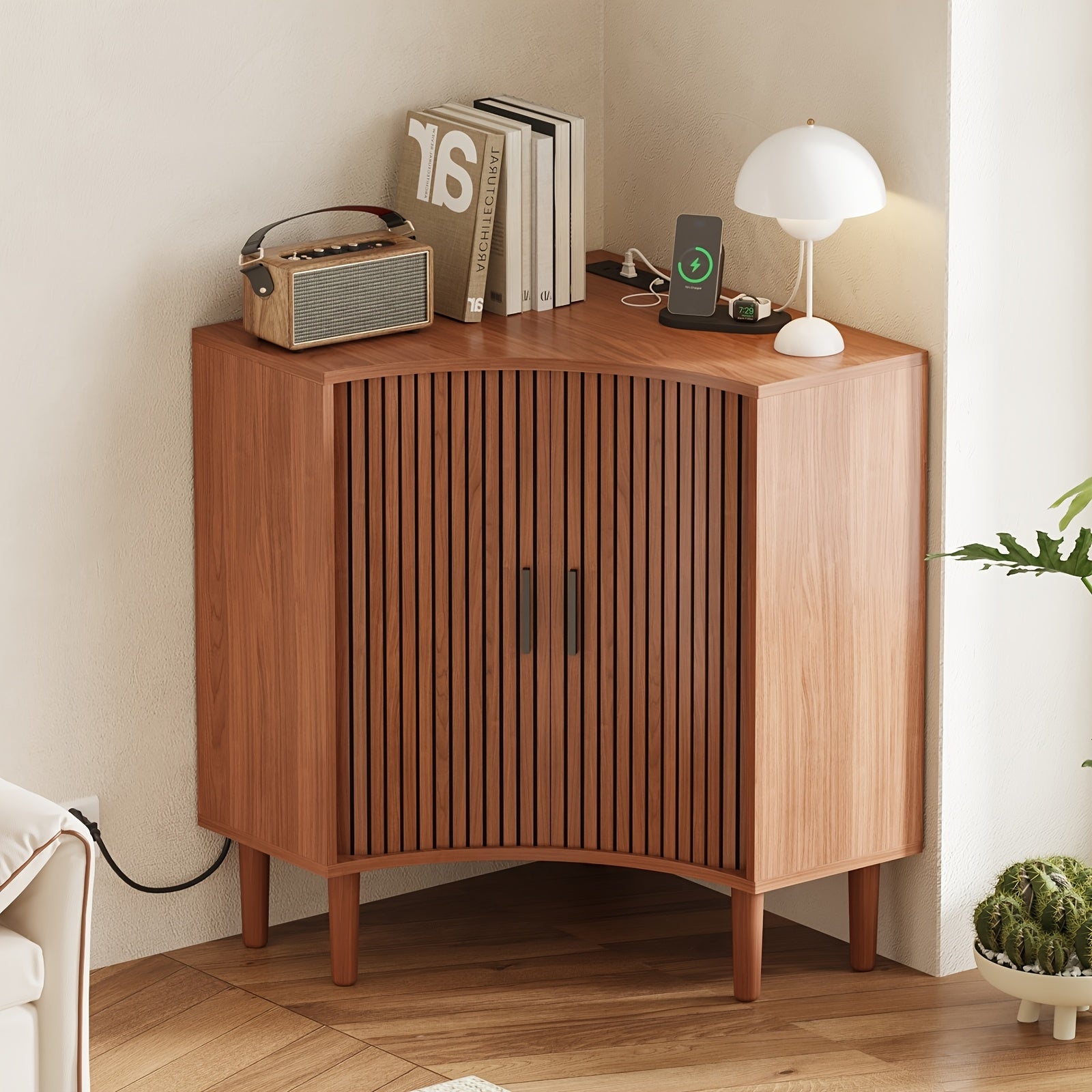 Fluted Corner Cabinet with Charging Station, Small Corner Floor Cabinet with Sliding Doors, Modern Wooden Freestanding Narrow Storage Organizer for Living Room, Small Space, Dining Room, Bathroom