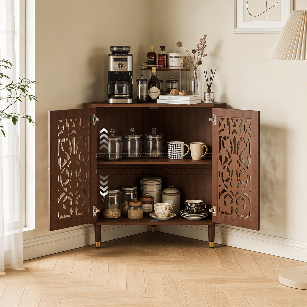 Retro Corner Cabinet with 2 Hollow Carved Doors And 2-Tier Shelves