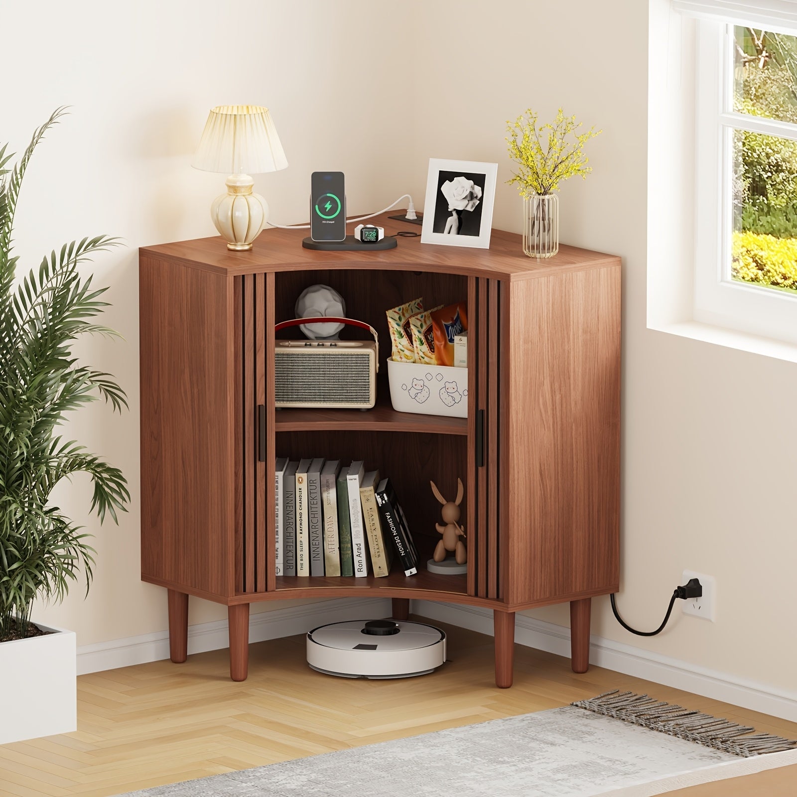 Fluted Corner Cabinet with Charging Station, Small Corner Floor Cabinet with Sliding Doors, Modern Wooden Freestanding Narrow Storage Organizer for Living Room, Small Space, Dining Room, Bathroom