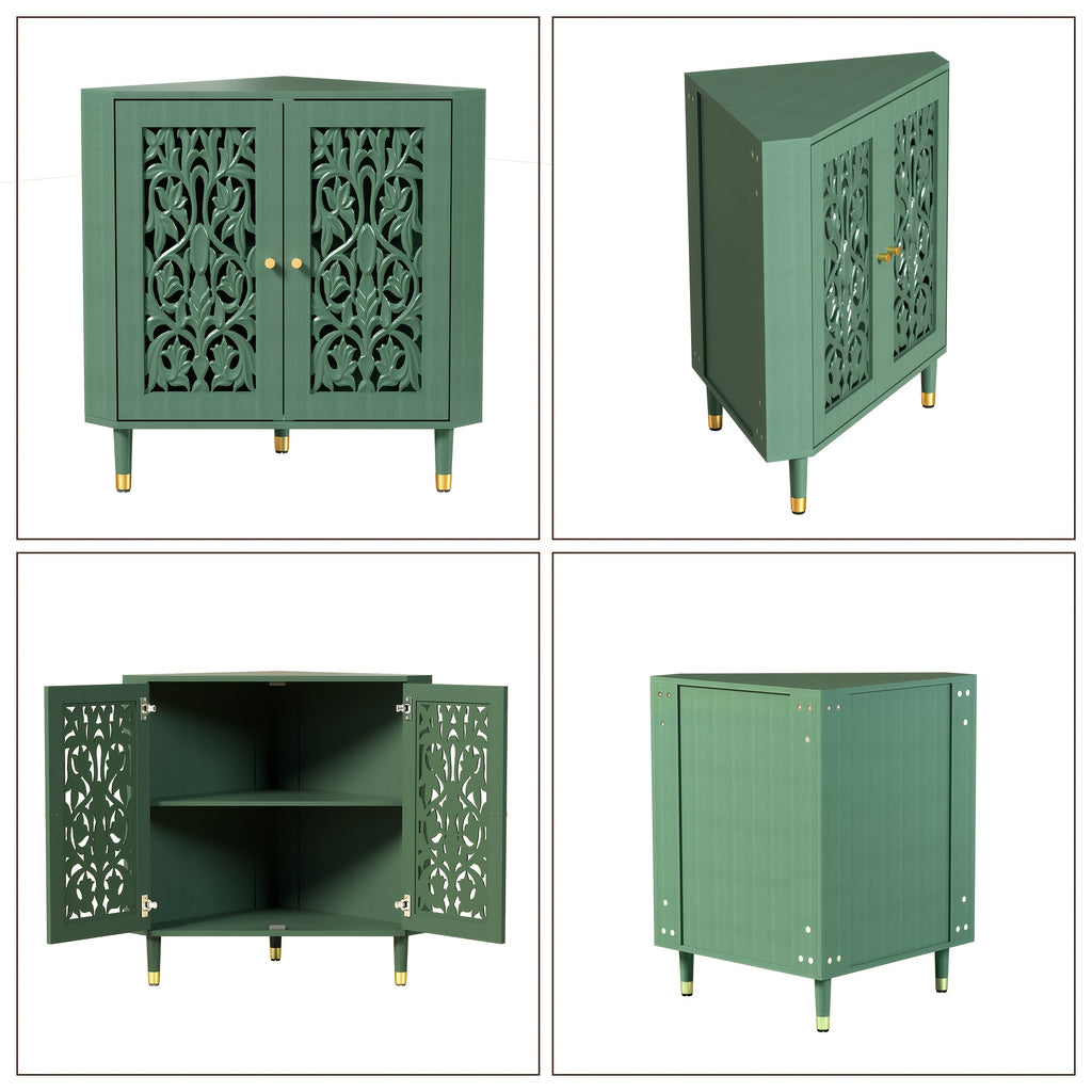 Retro Corner Cabinet with 2 Hollow Carved Doors And 2-Tier Shelves