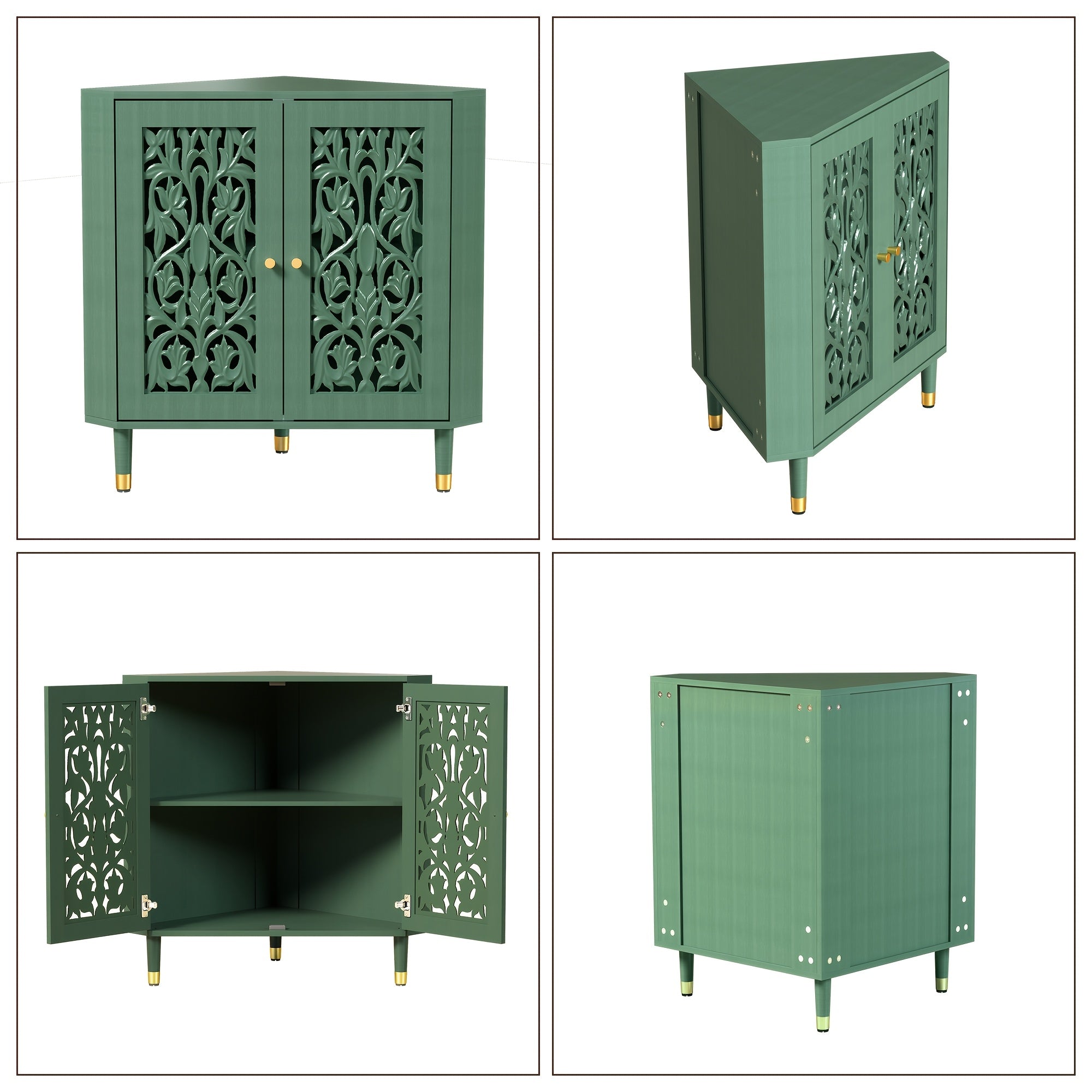 Retro Corner Cabinet with 2 Hollow Carved Doors And 2-Tier Shelves