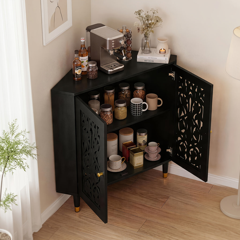 Retro Corner Cabinet with 2 Hollow Carved Doors And 2-Tier Shelves