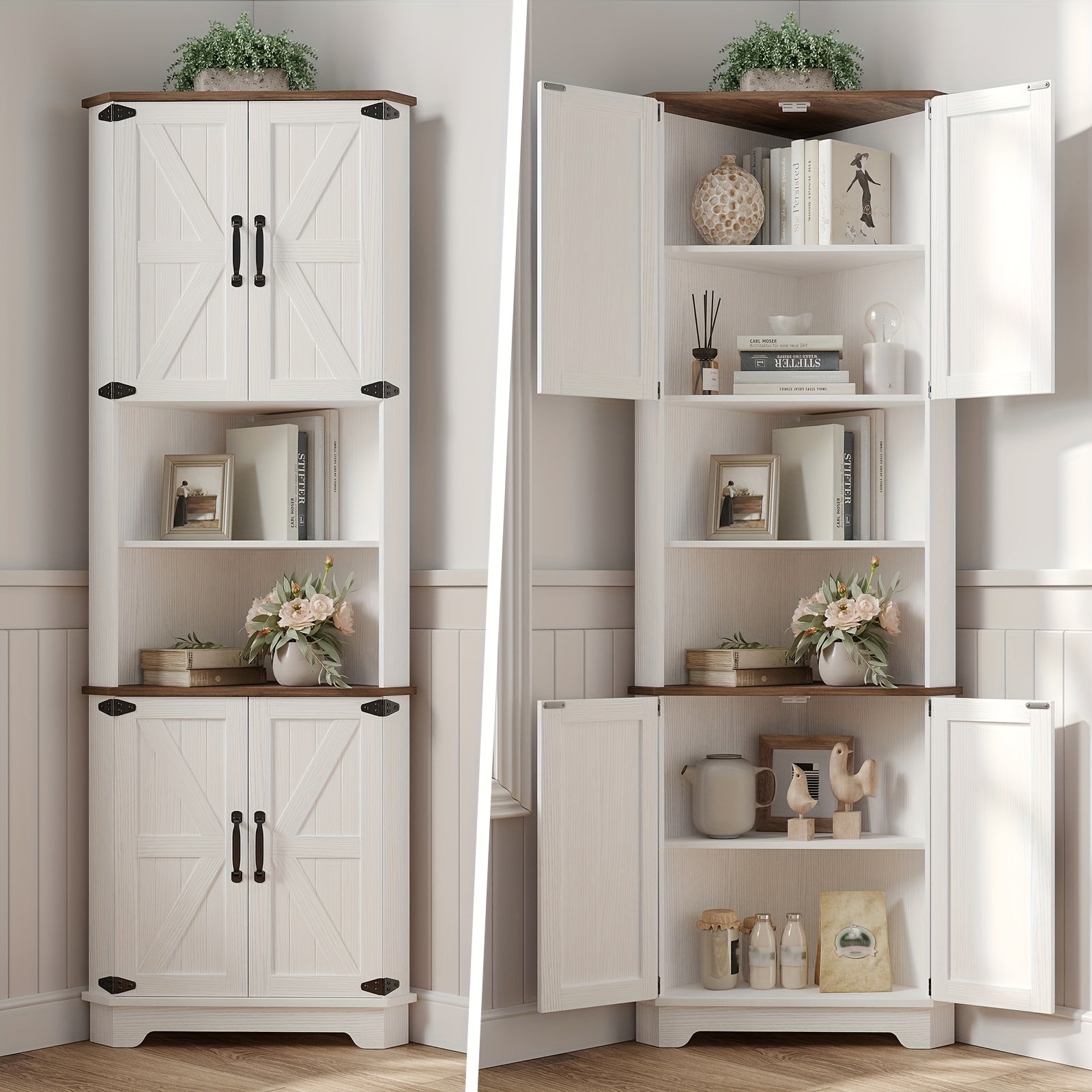 Farmhouse Corner Storage Cabinet with Barn Door Design, 68.9\