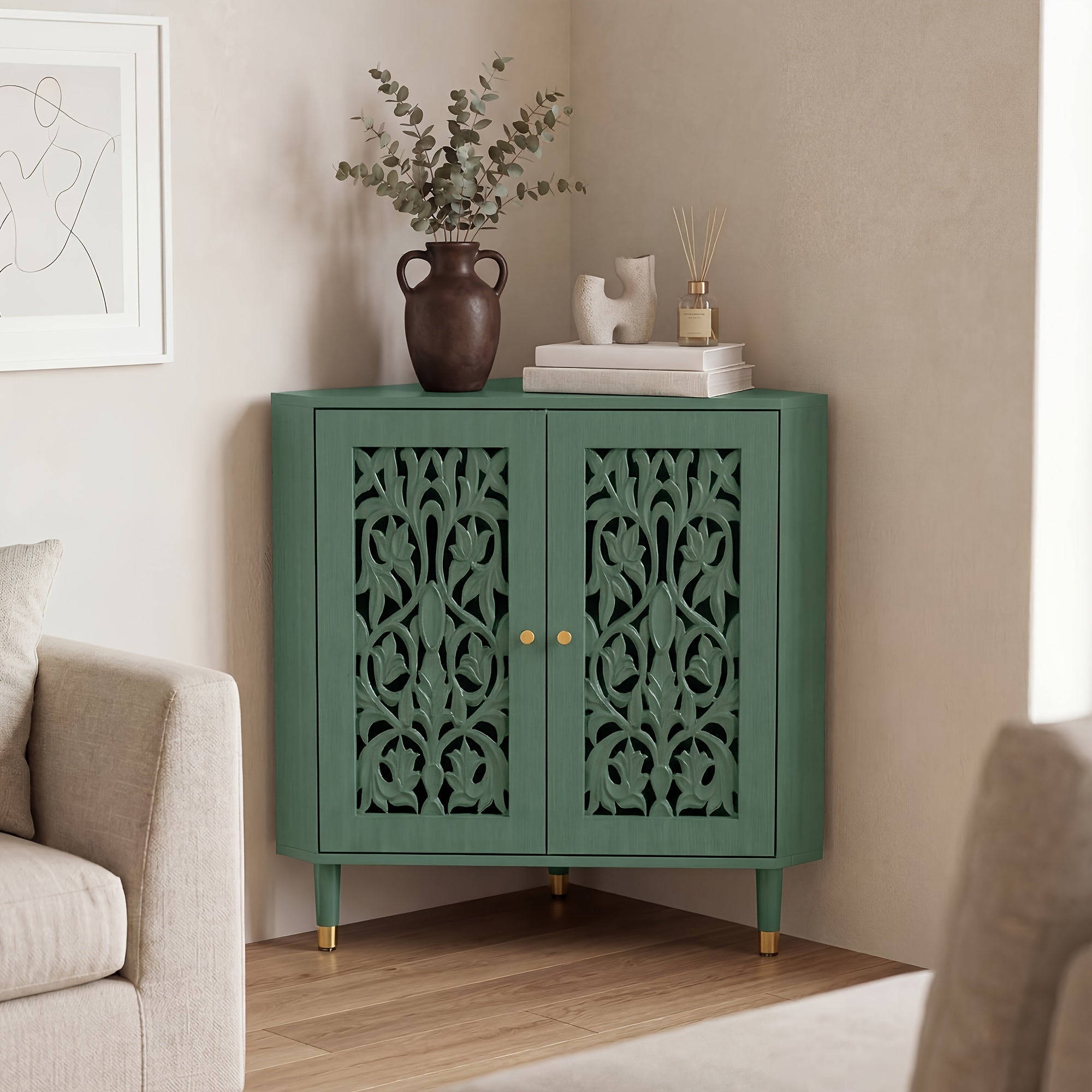 Retro Corner Cabinet with 2 Hollow Carved Doors And 2-Tier Shelves