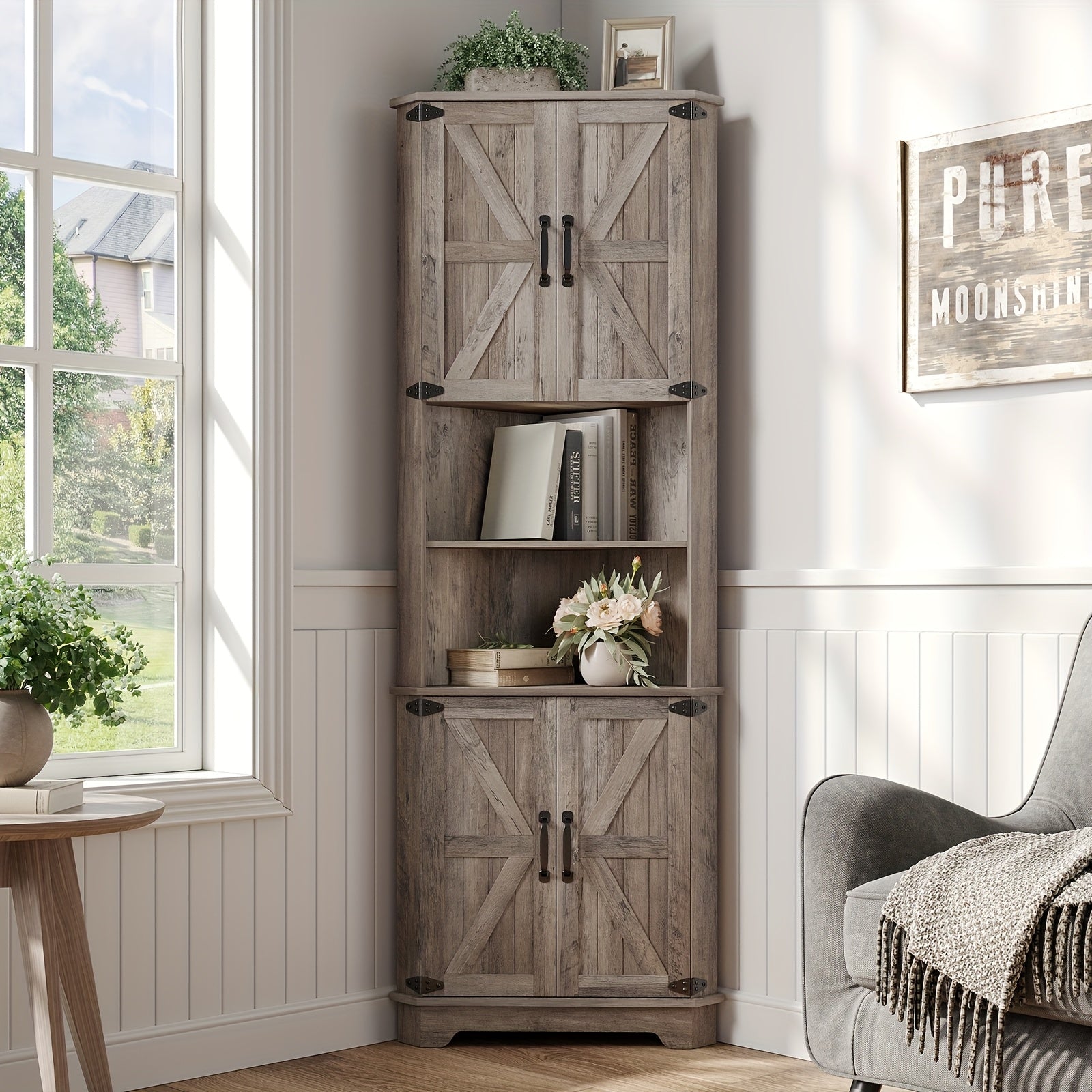 Farmhouse Corner Storage Cabinet with Barn Door Design, 68.9\