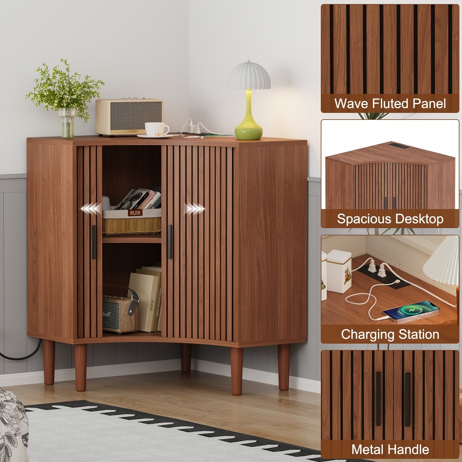 Fluted Corner Cabinet with Charging Station, Small Corner Floor Cabinet with Sliding Doors, Modern Wooden Freestanding Narrow Storage Organizer for Living Room, Small Space, Dining Room, Bathroom