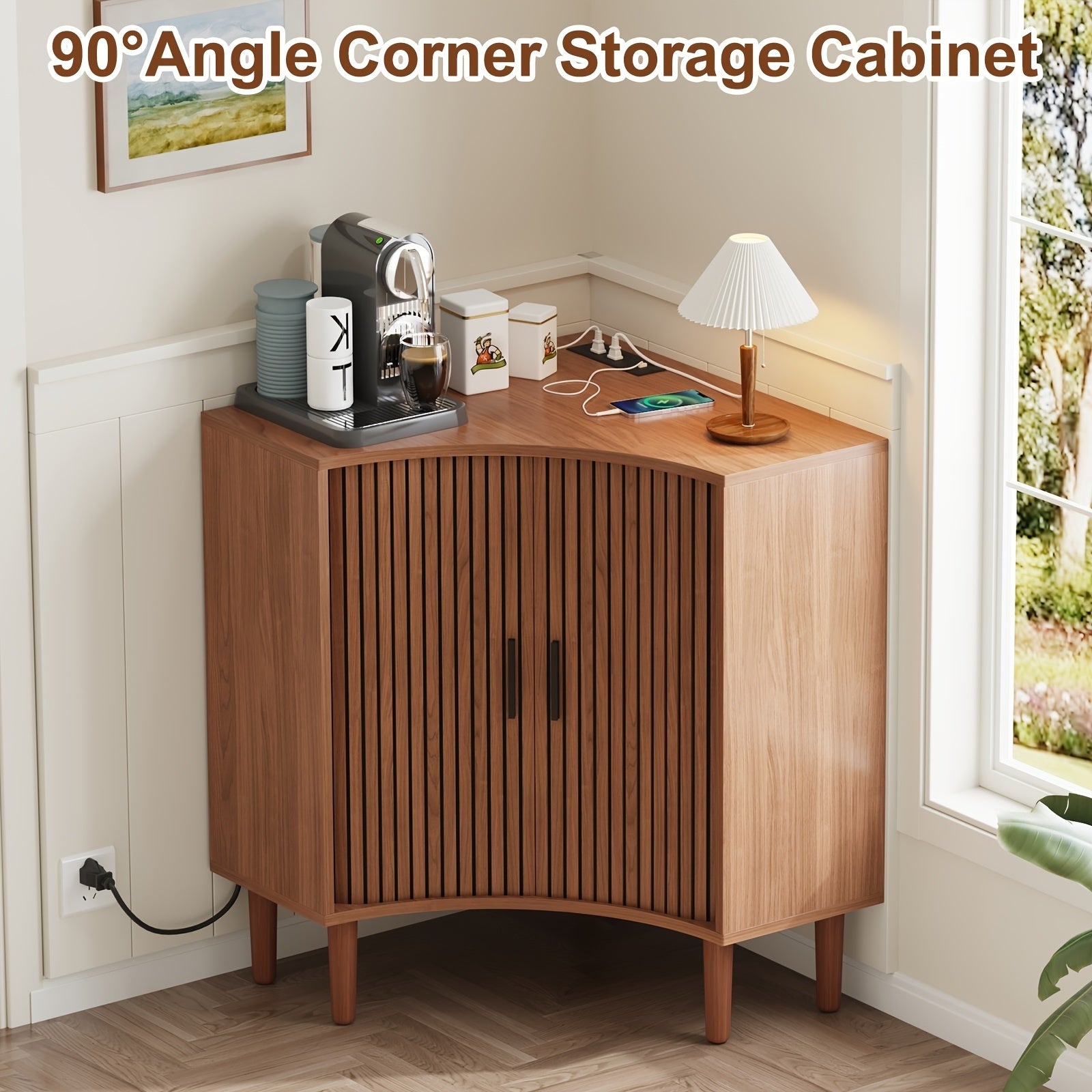 Fluted Corner Cabinet with Charging Station, Small Corner Floor Cabinet with Sliding Doors, Modern Wooden Freestanding Narrow Storage Organizer for Living Room, Small Space, Dining Room, Bathroom