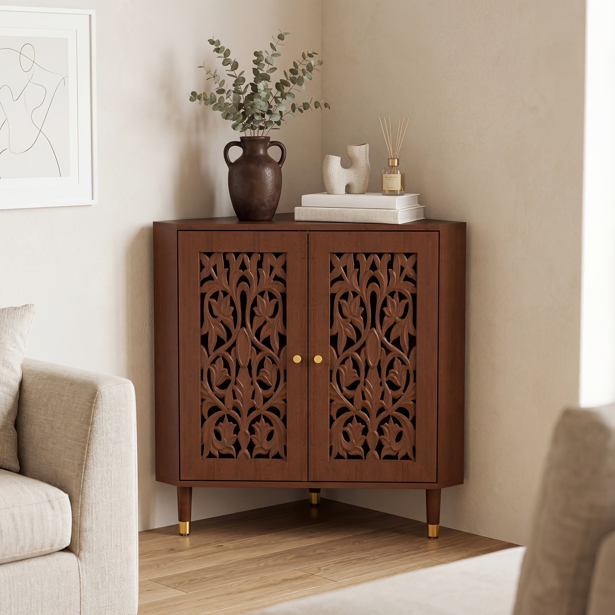 Retro Corner Cabinet with 2 Hollow Carved Doors And 2-Tier Shelves