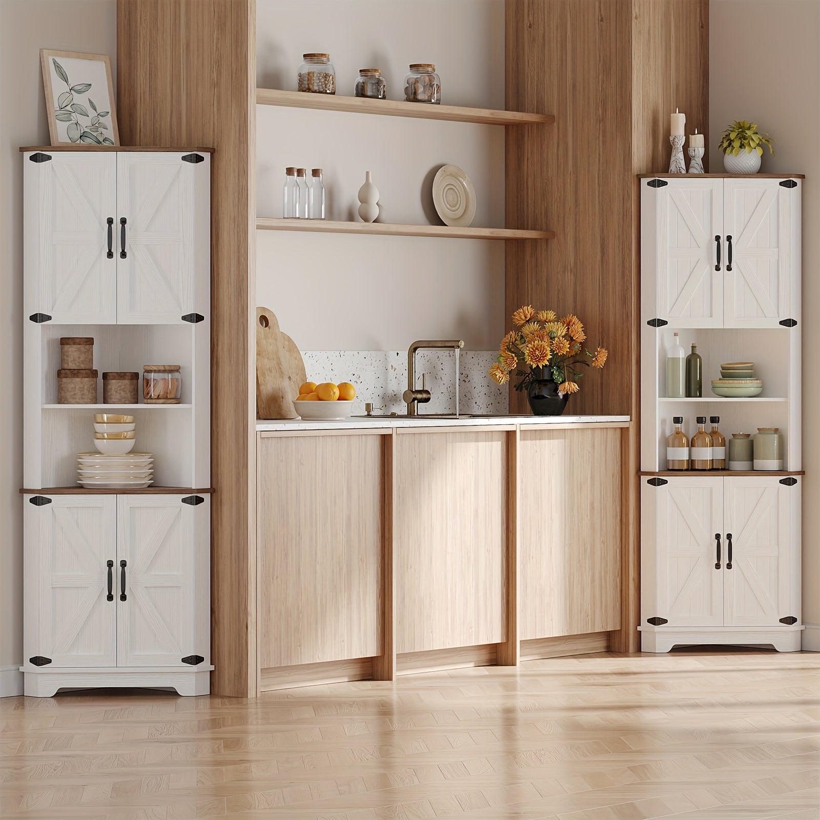 Farmhouse Corner Storage Cabinet with Barn Door Design, 68.9\