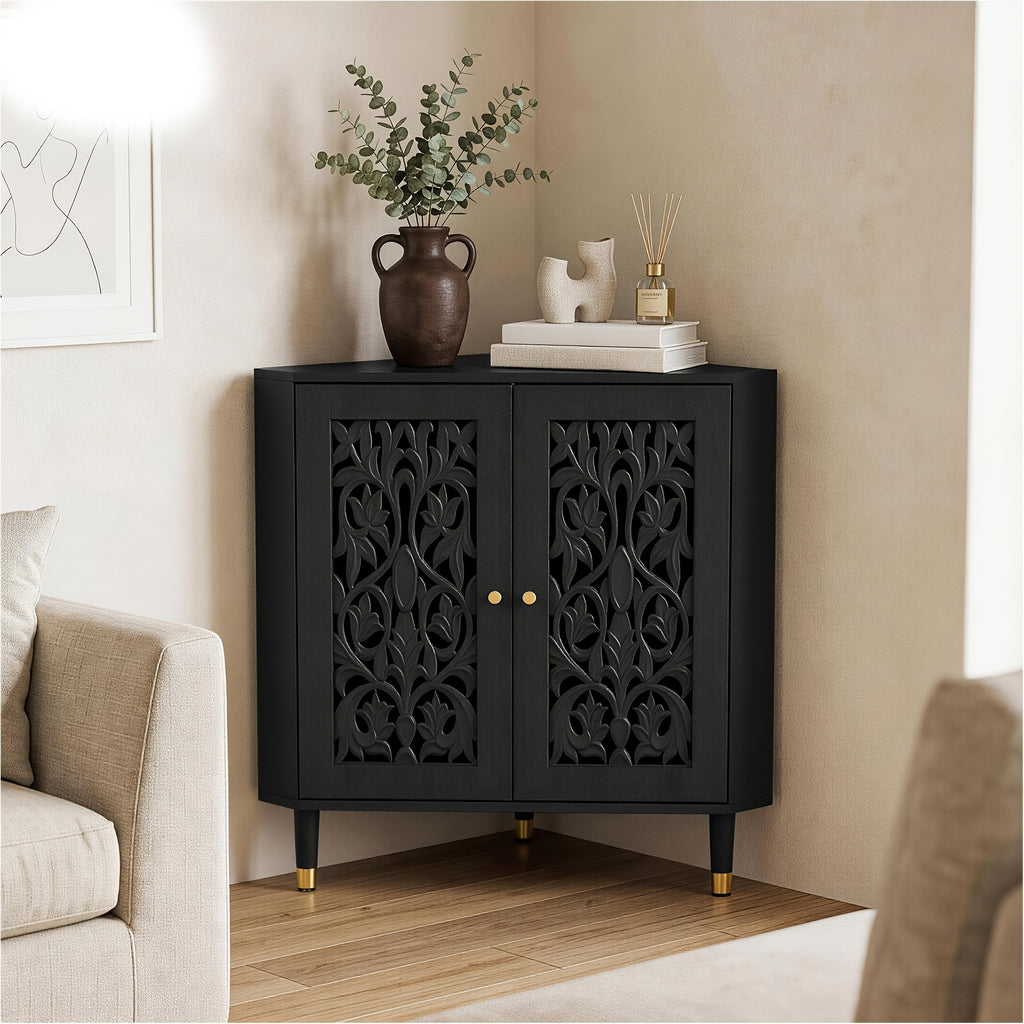 Retro Corner Cabinet with 2 Hollow Carved Doors And 2-Tier Shelves