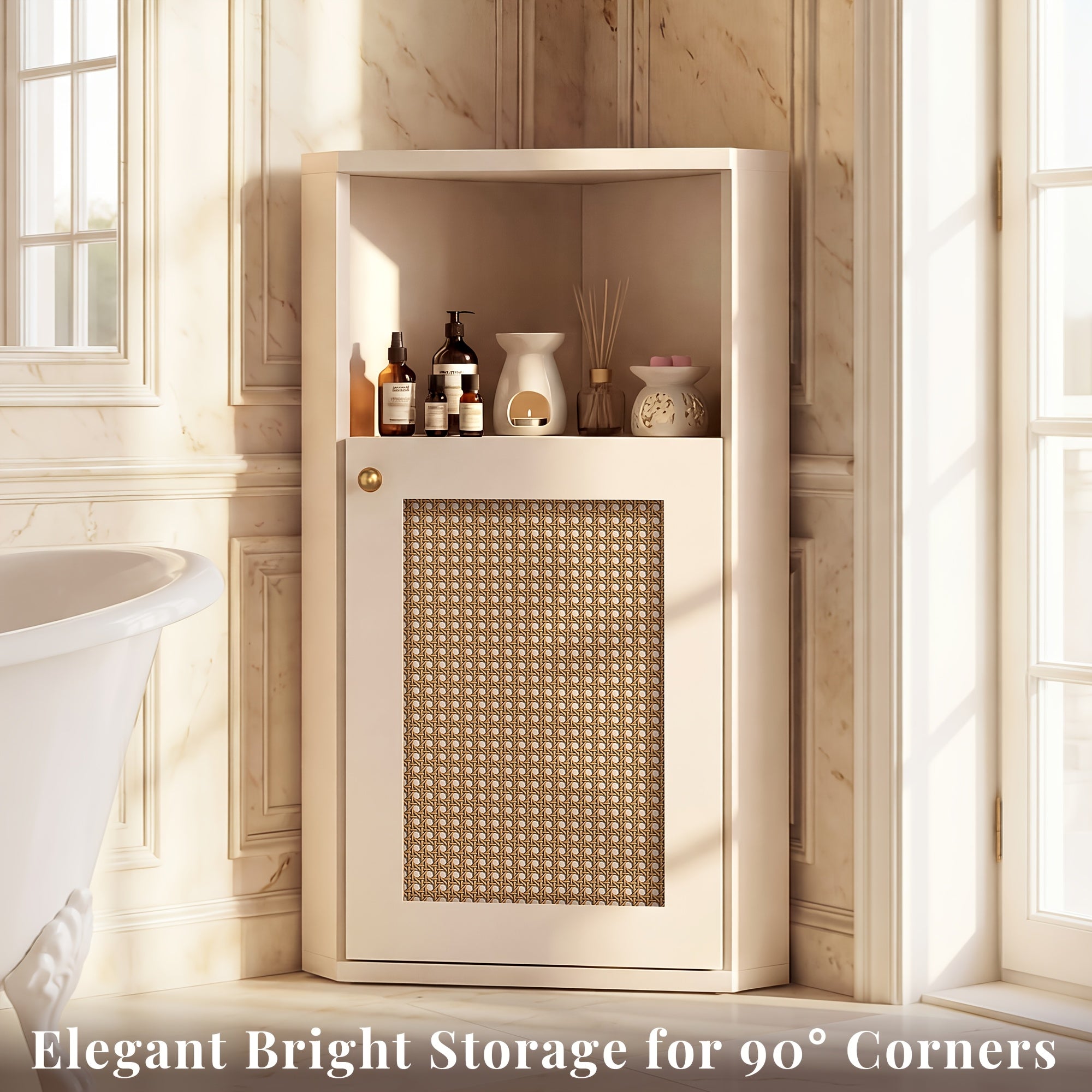 OMCHOM Tall Corner Storage Cabinet Freestanding Suitable for Bathroom, Living Room, Bedroom, Kitchen - Adjustable Shelves & Door, Space-Saving Corner Unit with Walnut Doors, Panel Cabinet, Assembly, -Standing Organizer