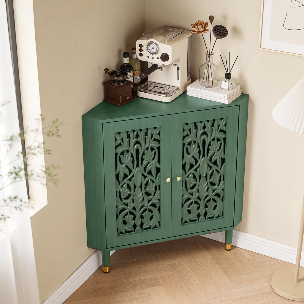 Retro Corner Cabinet with 2 Hollow Carved Doors And 2-Tier Shelves