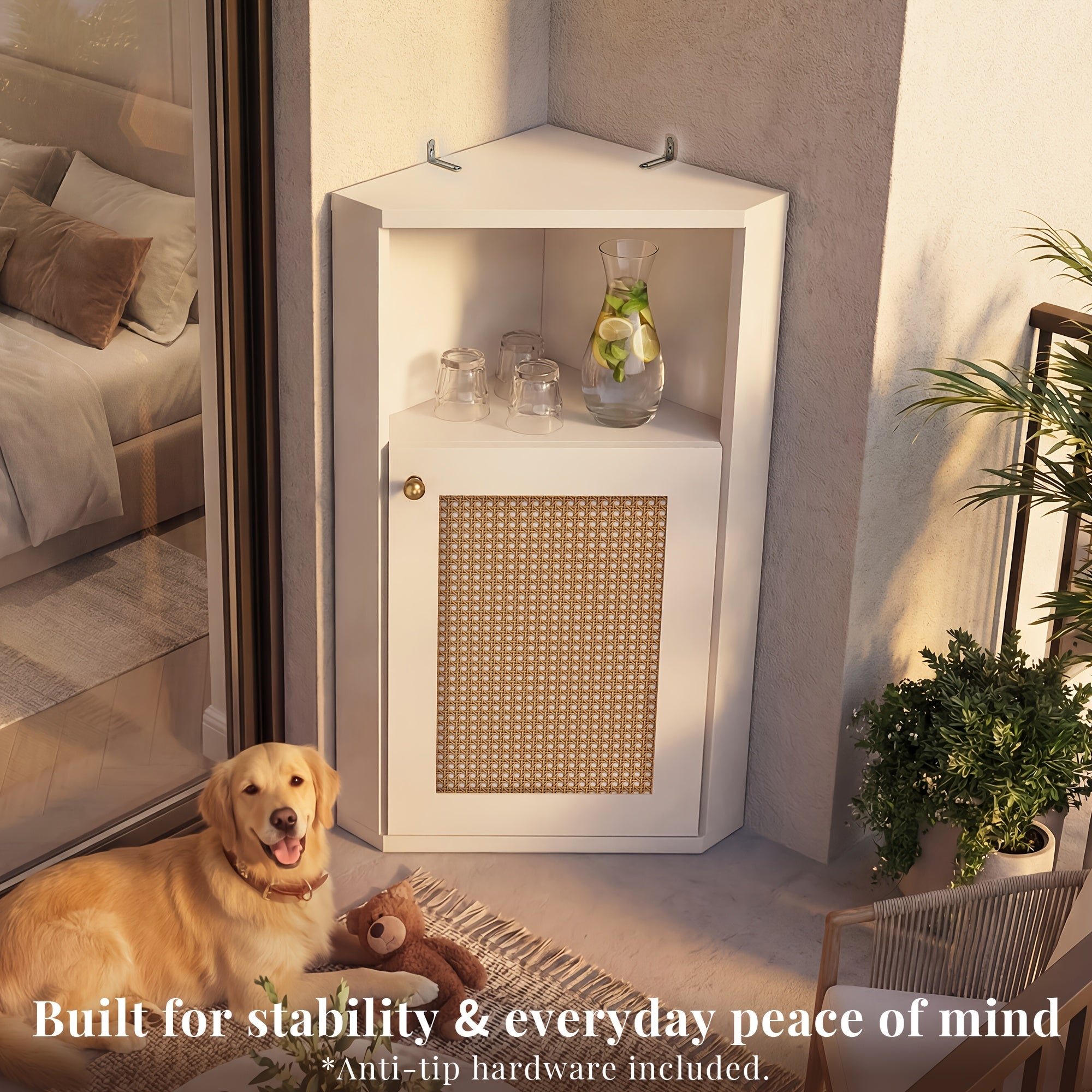 OMCHOM Tall Corner Storage Cabinet Freestanding Suitable for Bathroom, Living Room, Bedroom, Kitchen - Adjustable Shelves & Door, Space-Saving Corner Unit with Walnut Doors, Panel Cabinet, Assembly, -Standing Organizer