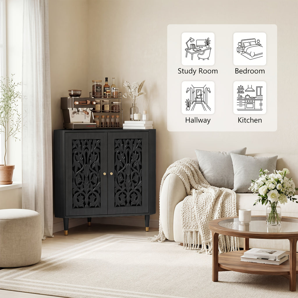 Retro Corner Cabinet with 2 Hollow Carved Doors And 2-Tier Shelves