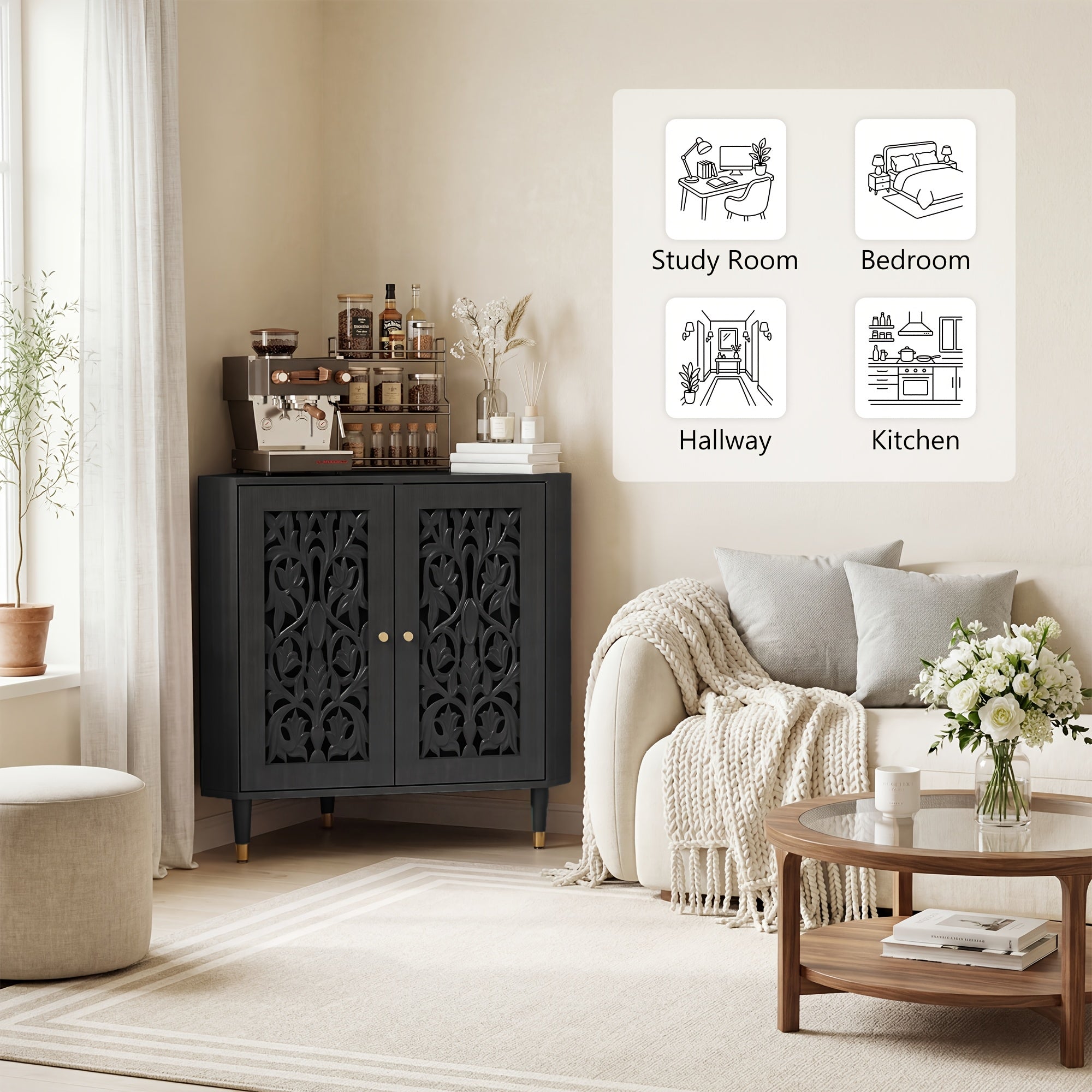 Retro Corner Cabinet with 2 Hollow Carved Doors And 2-Tier Shelves