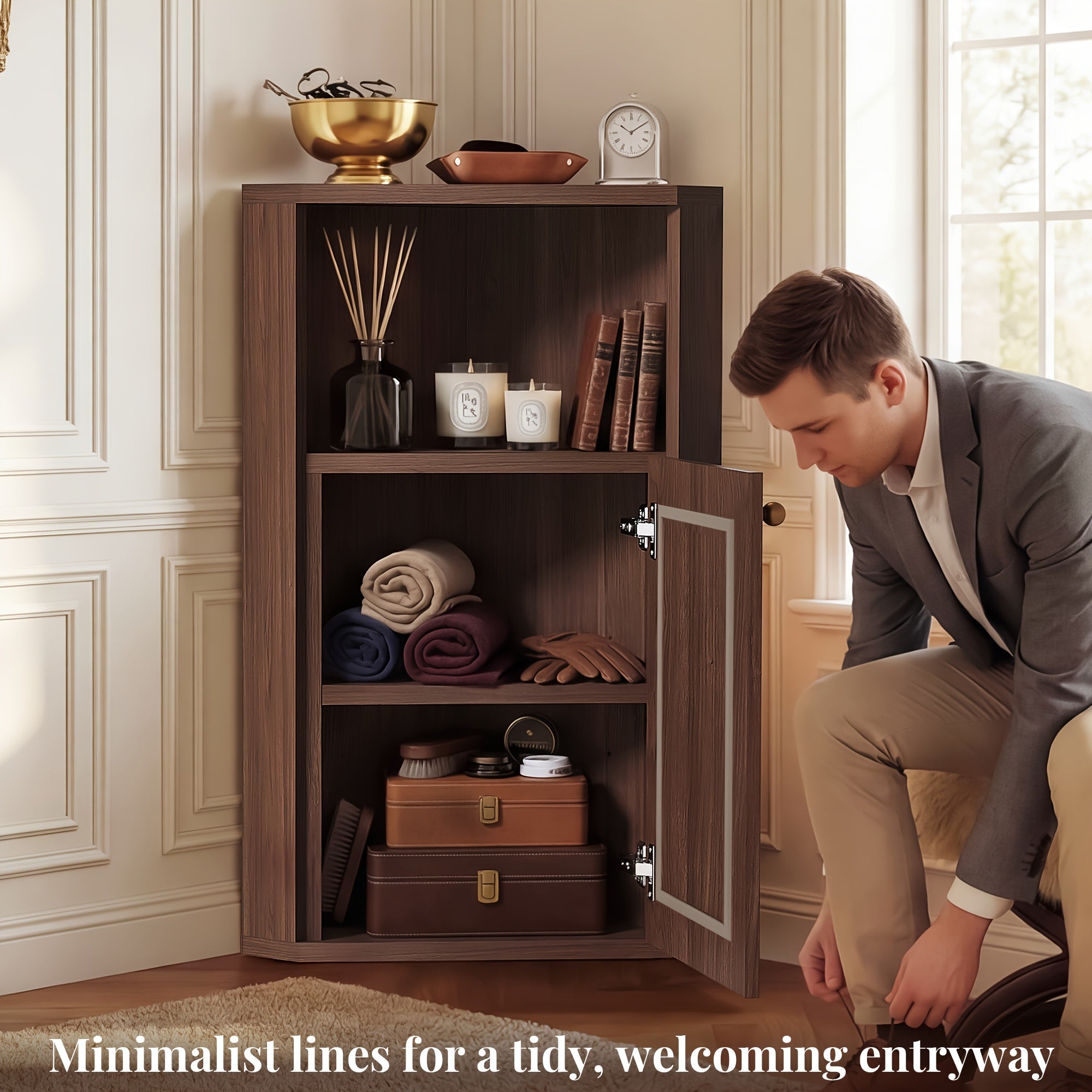 OMCHOM Tall Corner Storage Cabinet Freestanding Suitable for Bathroom, Living Room, Bedroom, Kitchen - Adjustable Shelves & Door, Space-Saving Corner Unit with Walnut Doors, Panel Cabinet, Assembly, -Standing Organizer