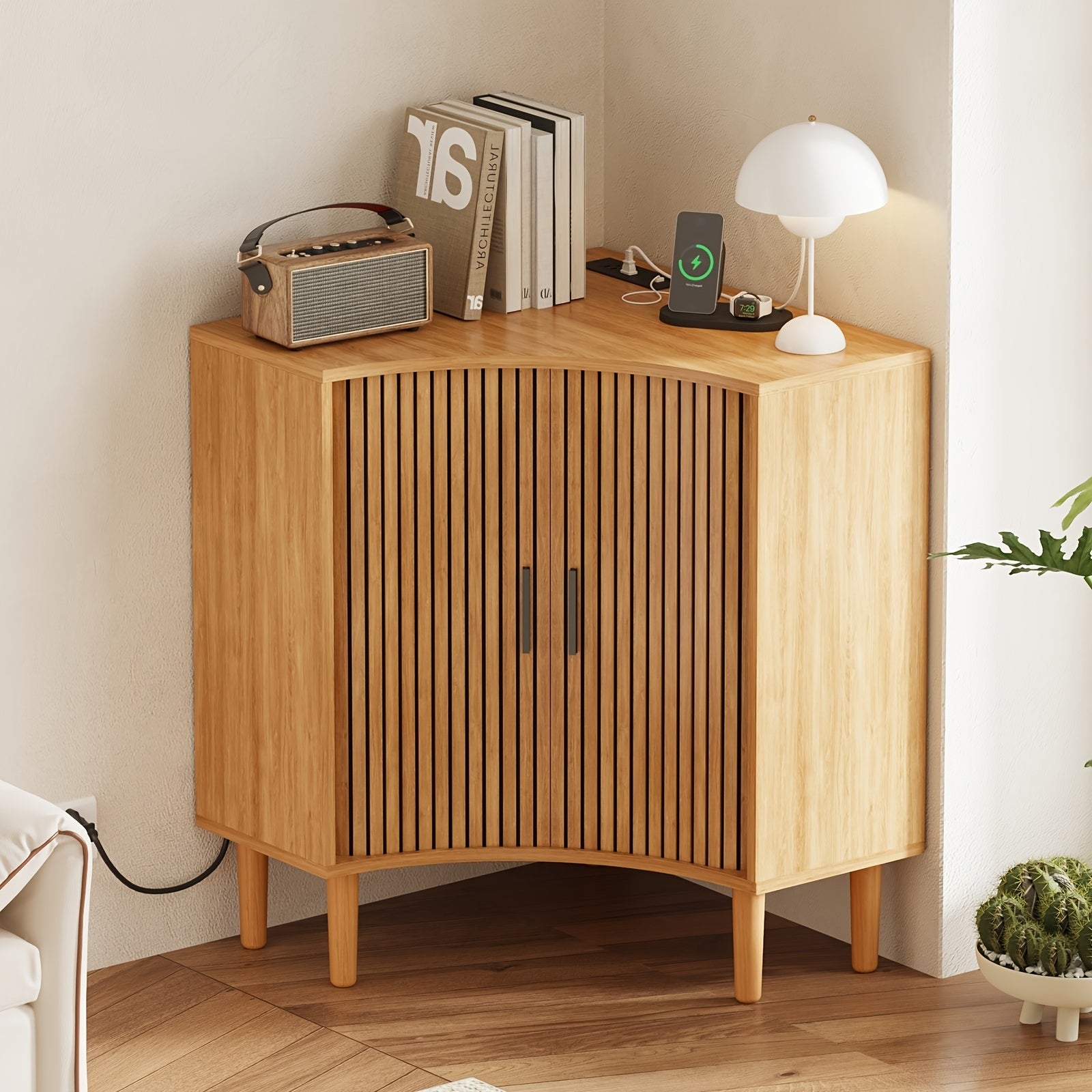 Fluted Corner Cabinet with Charging Station, Small Corner Floor Cabinet with Sliding Doors, Modern Wooden Freestanding Narrow Storage Organizer for Living Room, Small Space, Dining Room, Bathroom
