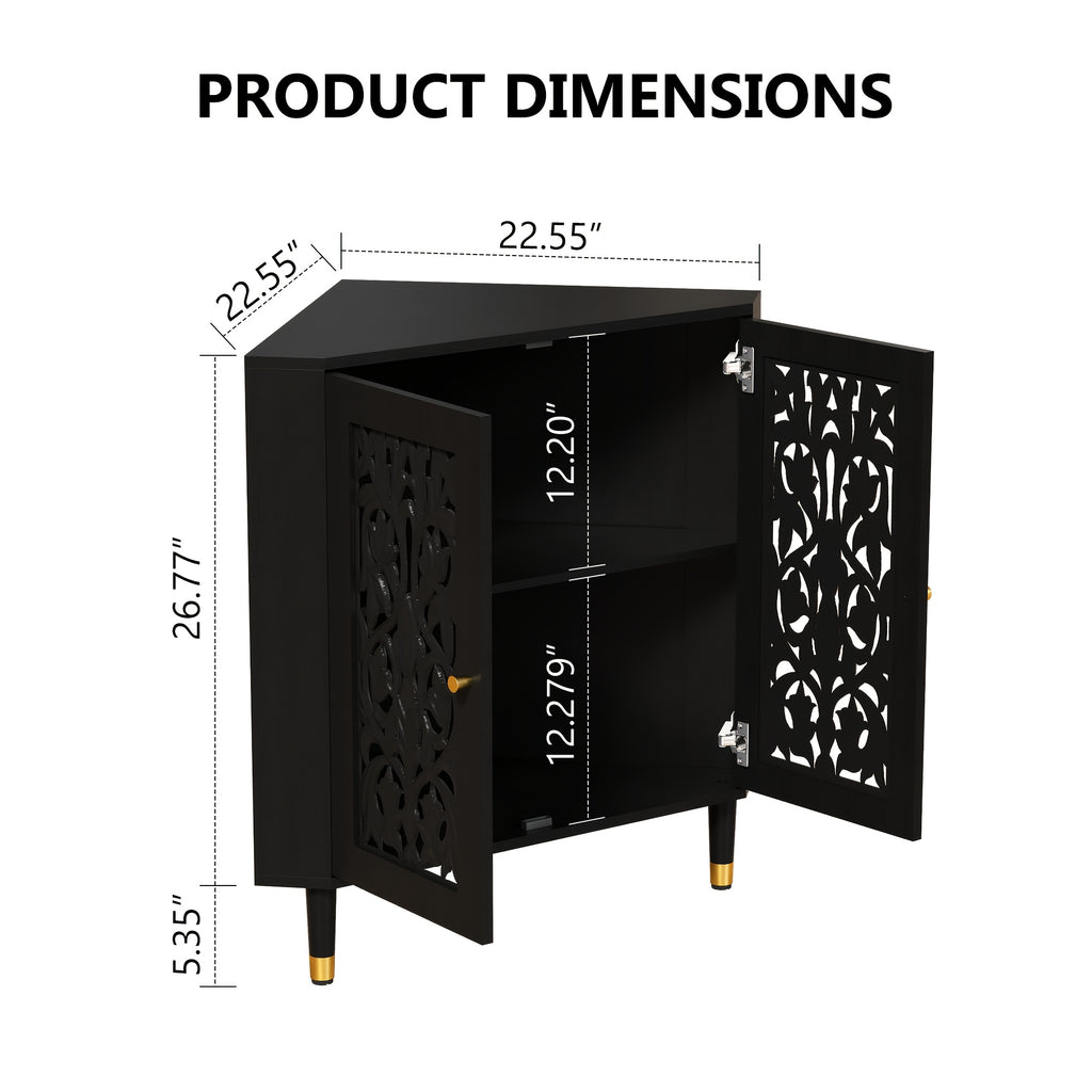 Retro Corner Cabinet with 2 Hollow Carved Doors And 2-Tier Shelves